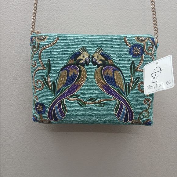 Mary Frances NWT Kiss & Tell Parrot Beaded Crossbody Shoulder Bag Teal Blue - Picture 1 of 10